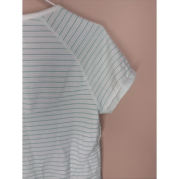 Athleta Fast Track M Top Blue Ruched Short Sleeve Activewear Gripper Hem - Picture 9 of 10